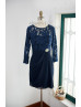 Long Sleeve Navy Blue Lace Chiffon Knee Length Mother Dress